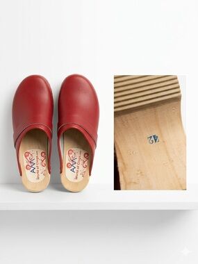 Women's Red Leather Slip-On Clog Mule with Wooden Sole